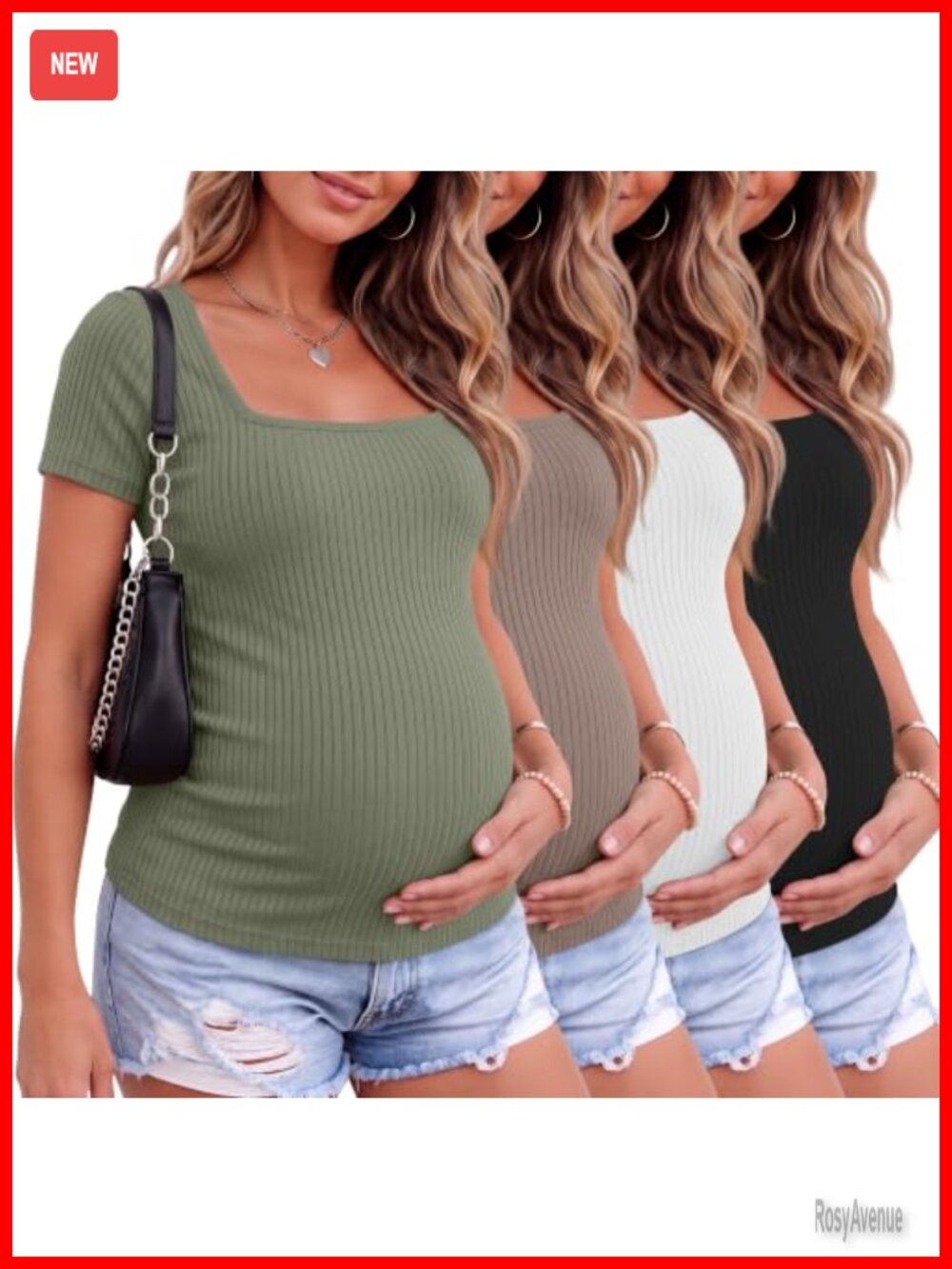 Maternity Ribbed Square Neck Short Sleeve T-Shirts 4 Pack Cotton Stretch